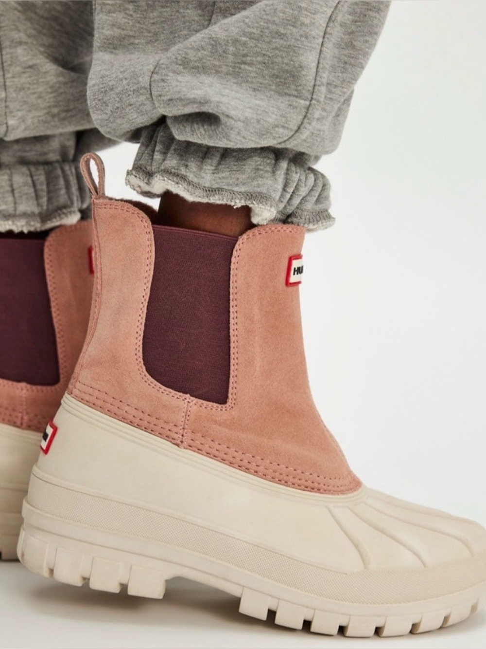 Hunter Pink Suede & Burgundy Elastic Chelsea Duck Boots